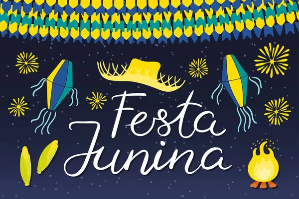 フェスタ Junina には麦わらの帽子とランタン ポルトガル語のテキストがホオジロと花火があります 手描きのベクターイラスト フラットスタイルのデザイン ブラジルのホリデーバナーのコンセプト — ストックベクタ