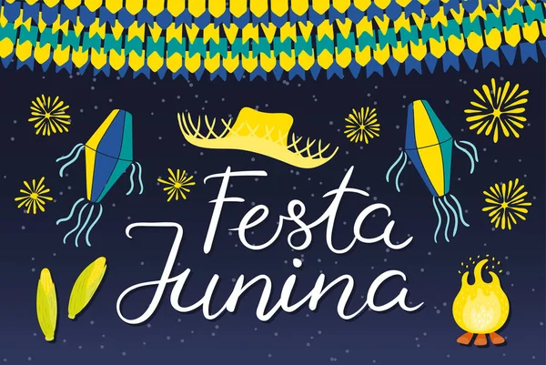 Cartaz Festa Junina Com Chapéu Palha Lanternas Com Bunting Fogos — Vetor de Stock