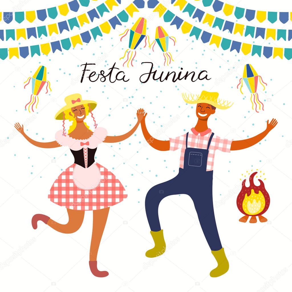 Festa Junina poster with dancing couple and lanterns with bunting and Portuguese text. Hand drawn vector illustration. Flat style design. Concept for Brazilian holiday banner