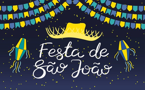 Festa Junina poster with straw hat and lanterns with bunting and Portuguese text. Hand drawn vector illustration. Flat style design. Concept for Brazilian holiday banner