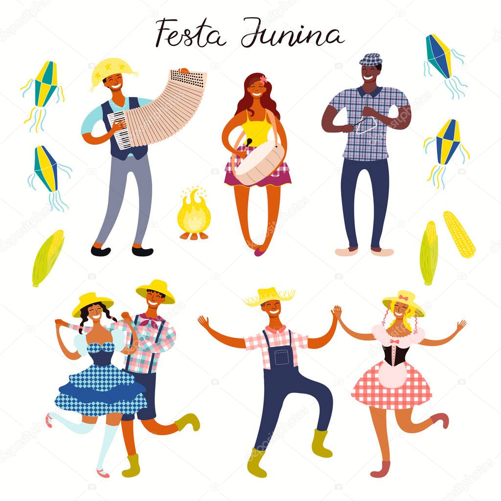 Festa Junina set with dancing people and musicians with lanterns and Portuguese text. Hand drawn vector illustration. Flat style design. Concept for Brazilian holiday banner