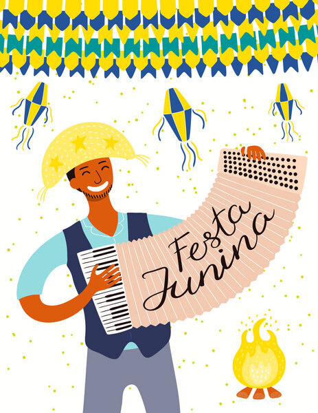 Festa Junina poster with musician playing accordion and lanterns with bunting and Portuguese text. Hand drawn vector illustration. Flat style design. Concept for Brazilian holiday banner
