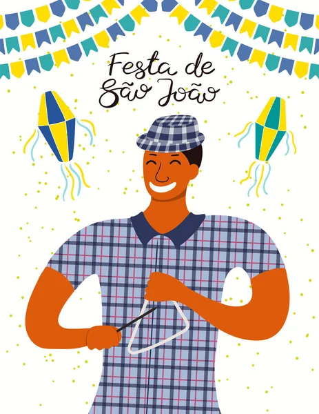 ホオジロとポルトガル語のテキストで三角形とランタンを演奏するミュージシャンとフェスタ Junina のポスター 手描きのベクターイラスト フラットスタイルのデザイン ブラジルのホリデーバナーのコンセプト — ストックベクタ