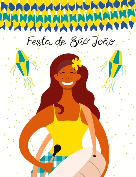 Festa Junina Poster Musician Playing Drum Lanterns Bunting Portuguese Text — ストックベクタ
