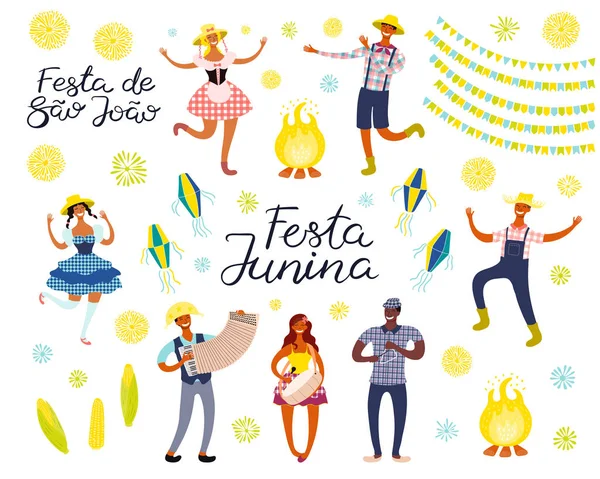 Cartaz Com Dançarinos Músicos Com Lanternas Bunting Com Texto Português — Vetor de Stock