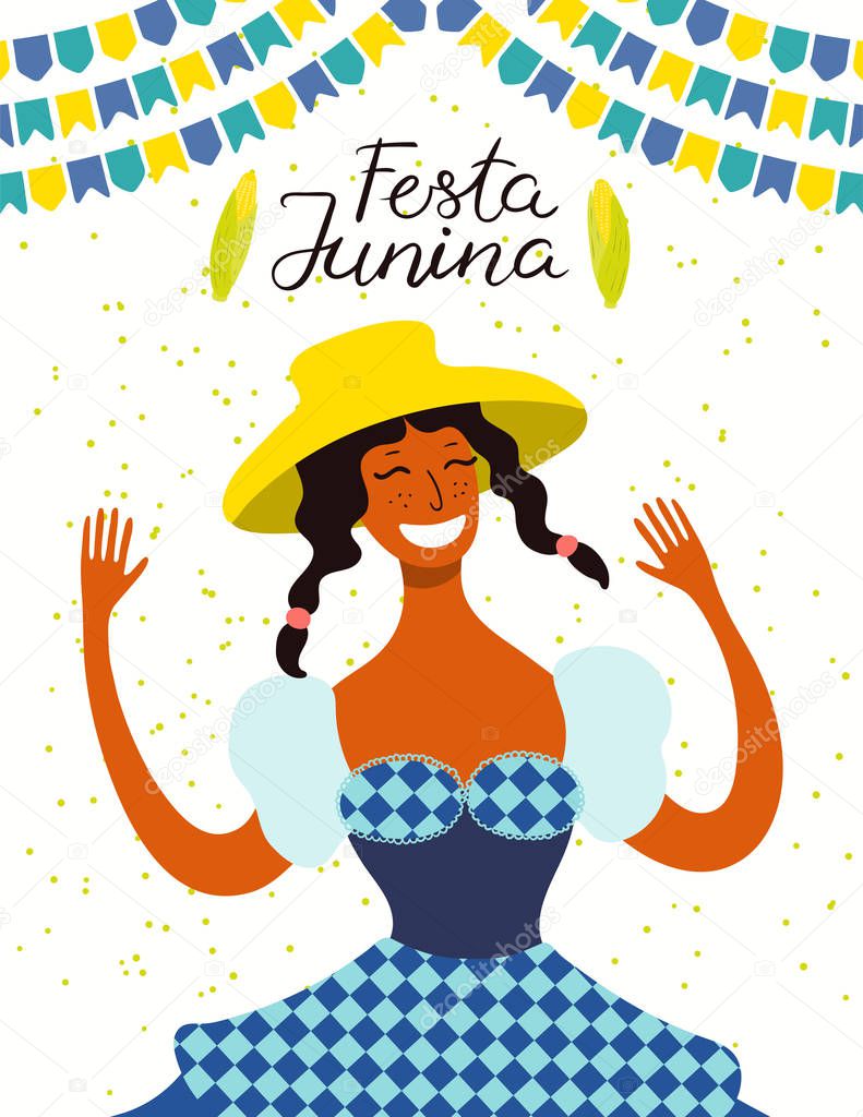 Festa Junina poster with dancing girl in straw hat and bunting with Portuguese text. Hand drawn vector illustration. Flat style design. Concept for Brazilian holiday banner