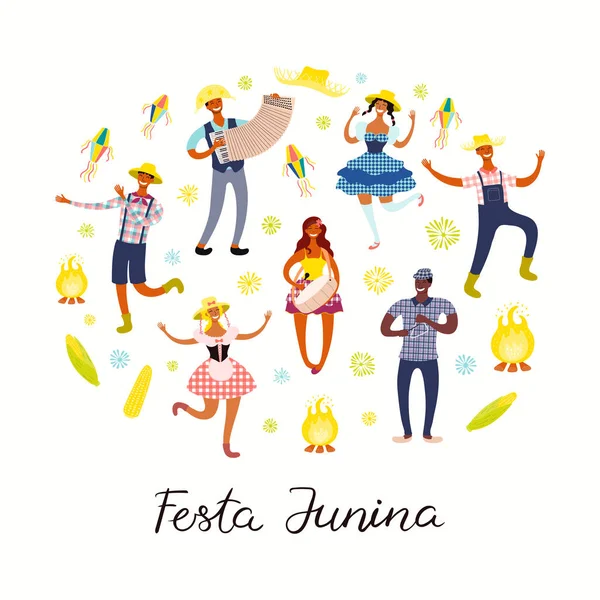 Plakat Festa Junina Tańcami Muzykami Latarnie Portugalskim Tekstem Ilustracja Wektorowa — Wektor stockowy