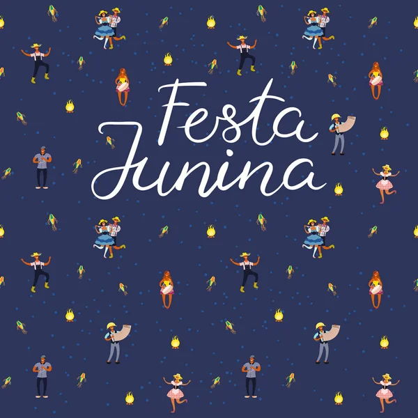 Cartaz Festa Junina Com Dançarinos Músicos Com Lanternas Texto Português — Vetor de Stock