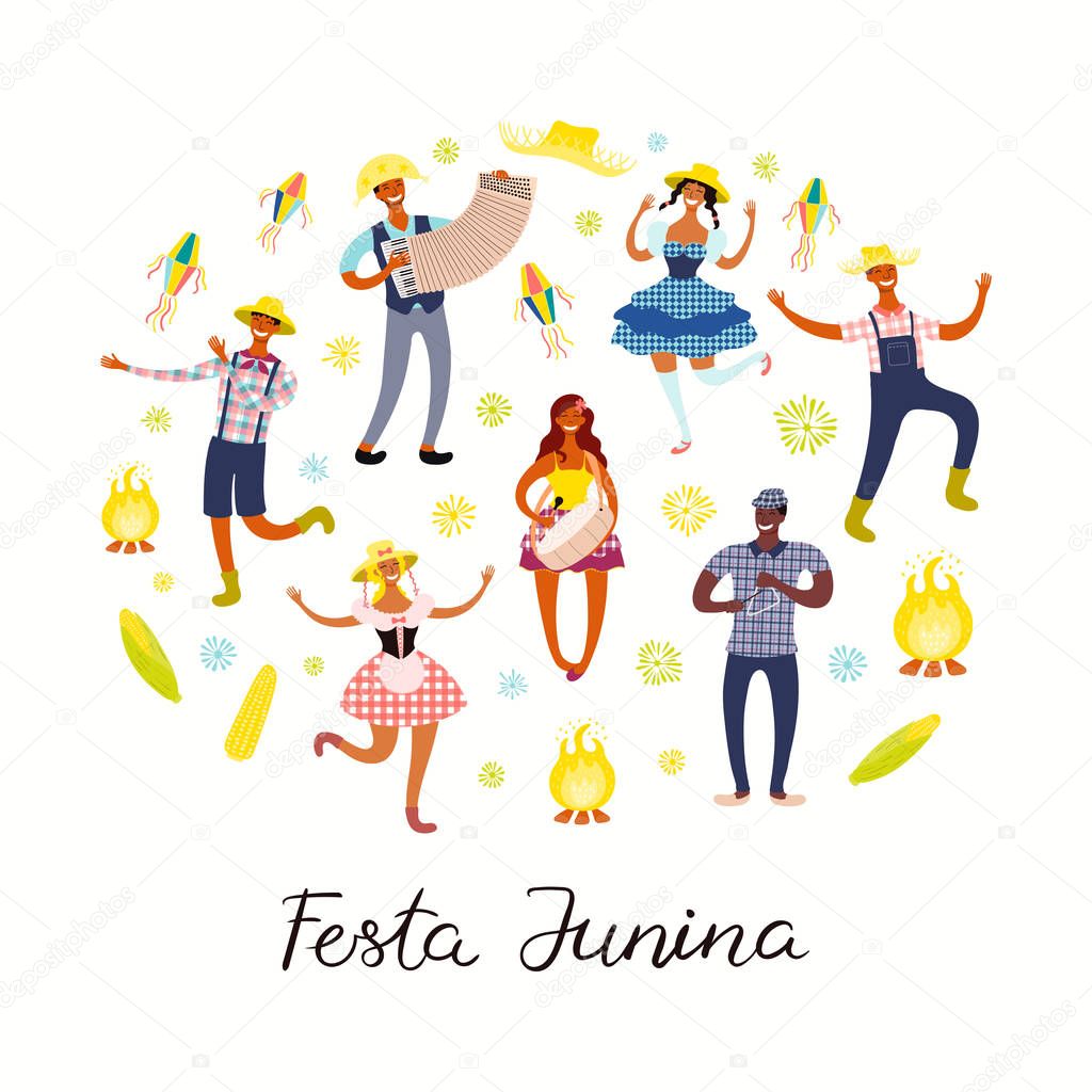 Festa Junina poster with dancing people and musicians with lanterns and Portuguese text. Hand drawn vector illustration. Flat style design. Concept for holiday banner