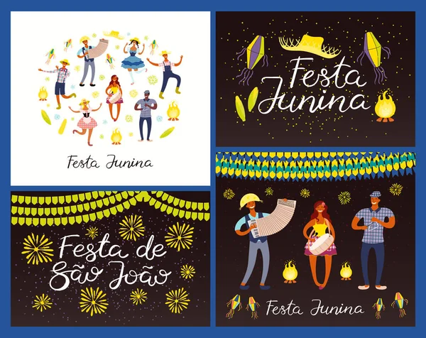 Set Kartu Dengan Teks Portugis Festa Junina Musisi Dengan Menari - Stok Vektor