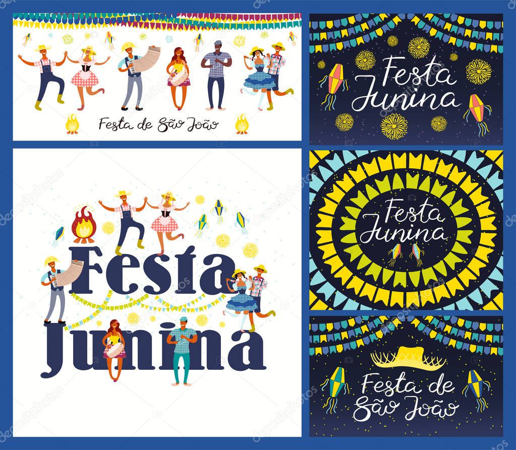 Set of card with Portuguese text Festa Junina  musicians with dancing people and bunting with lanterns. Hand drawn vector illustration. Flat style. Concept holiday banner