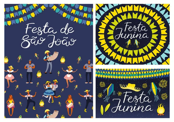 Conjunto Cartas Com Texto Português Músicos Festa Junina Com Dançarinos — Vetor de Stock