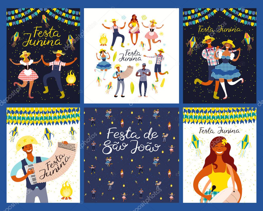 Set of card with Portuguese text Festa Junina  musicians with dancing people and bunting with lanterns. Hand drawn vector illustration. Flat style. Concept holiday banner