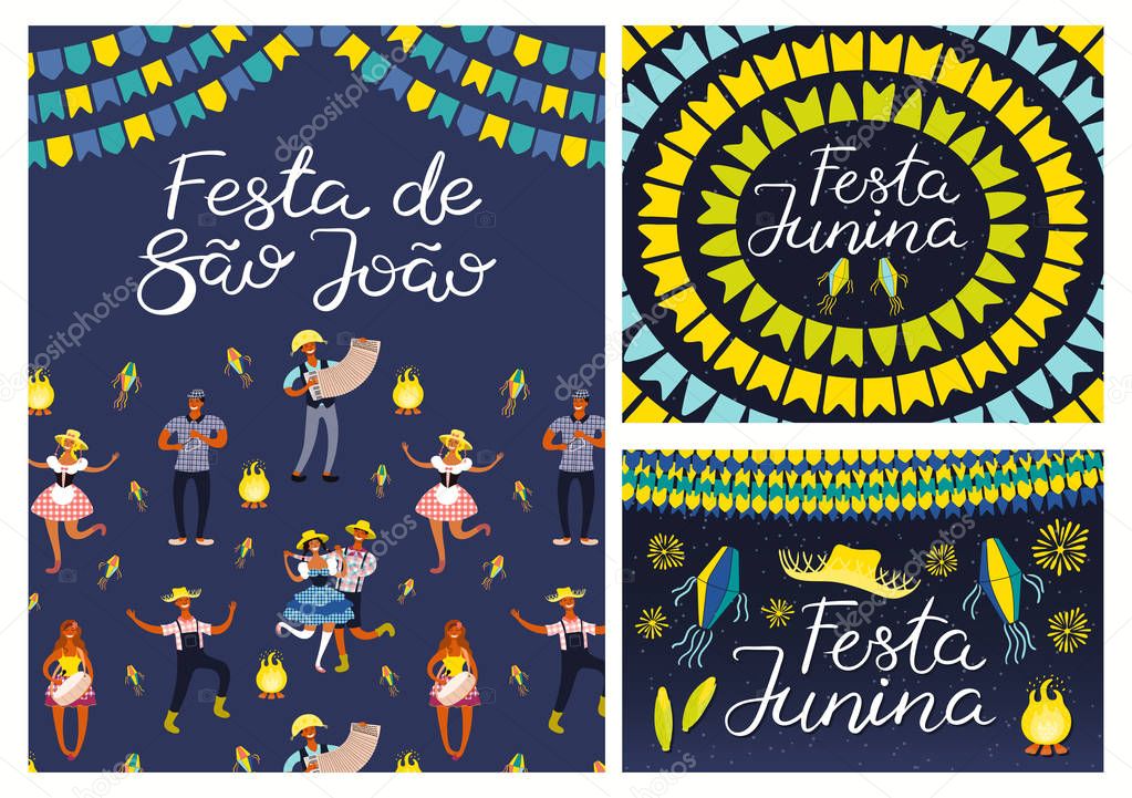 Set of card with Portuguese text Festa Junina  musicians with dancing people and bunting with lanterns. Hand drawn vector illustration. Flat style. Concept holiday banner