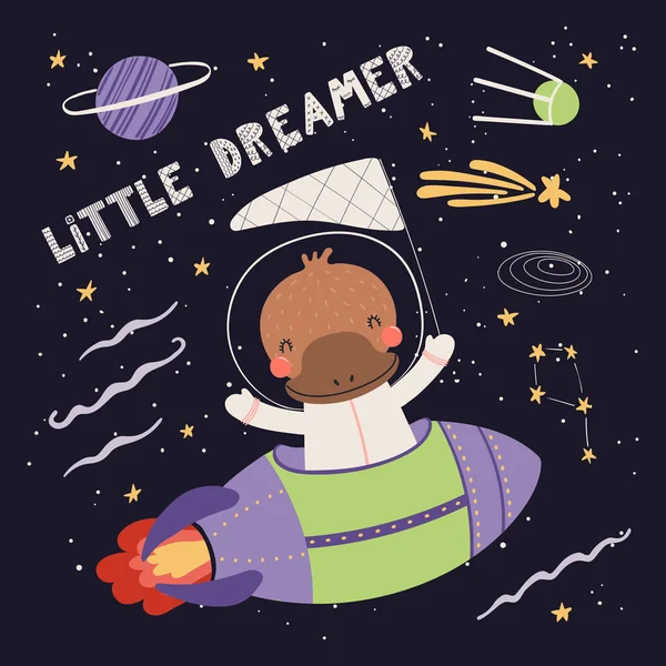 Ilustración Vectorial Dibujada Mano Del Lindo Astronauta Ornitorrinco Volando Cohete — Vector de stock