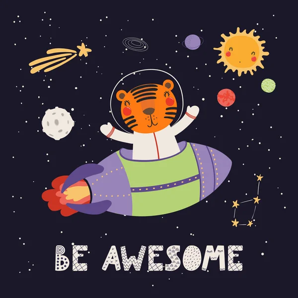 Ręcznie Rysowane Wektor Ilustracji Cute Tiger Astronauta Latające Rakiety Przestrzeni — Wektor stockowy