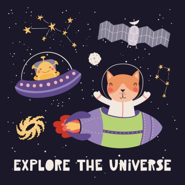 Sevimli kedi astronot ve uzayda yabancı el çizilmiş vektör illüstrasyon yazı ile alıntı karanlık arka plan üzerinde evreni keşfedin. İskandinav tarzı düz tasarım. Çocuklar için kavram baskı.