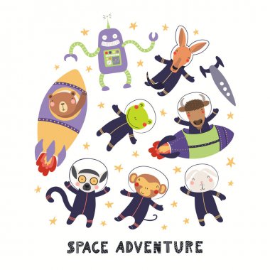 Big set of cute animal astronauts in space with planets and stars isolated on white background. Hand drawn vector illustration. Scandinavian style flat design. Concept for children print. clipart