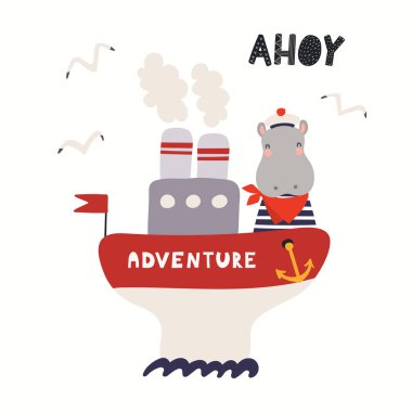 Martılar ve bulutlar ile açık denizde gemide sevimli bir su aygırı denizci el çizilmiş vektör illüstrasyon. İskandinav tarzı düz tasarım. Çocuklar için kavram baskı.