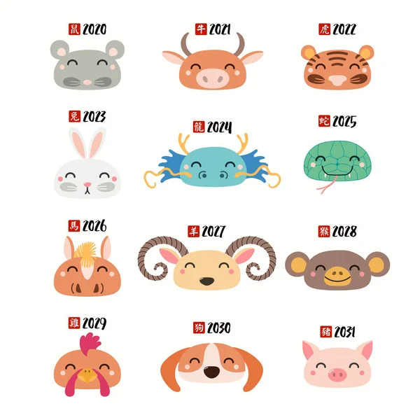 Set Segni Zodiacali Cinesi Disegnati Mano Volti Animali Con Nomi — Vettoriale Stock