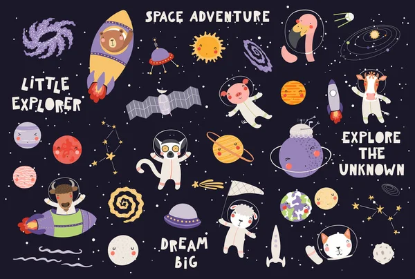 Gran Conjunto Lindos Astronautas Animales Espacio Con Planetas Estrellas Con — Vector de stock