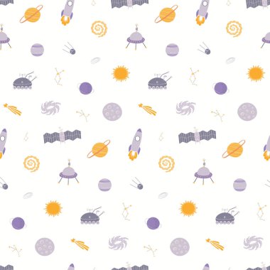 Kozmik elementler ve uzay gemileri ile beyaz arka plan üzerinde uzayda gezegenler ile el çizilmiş dikişsiz vektör deseni. İskandinav tarzı düz tasarım. Çocuklar için konsept tekstil baskı 