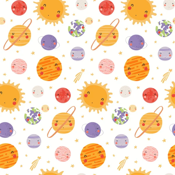 Hand drawn seamless vector pattern with cute Solar system planets and stars in space on white background. Scandinavian style flat design. Concept for children textile print 