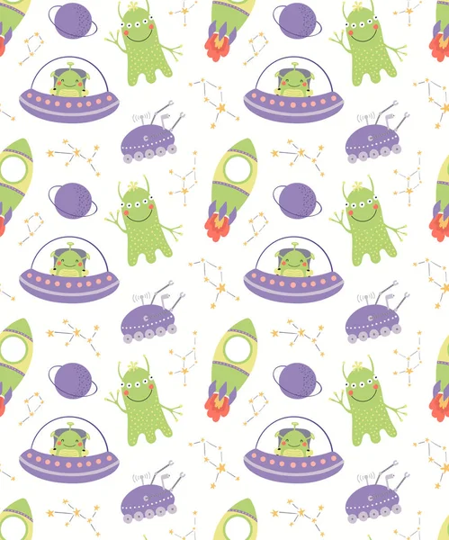 Hand drawn seamless vector pattern with cute aliens and spaceships with constellations on a white background. Scandinavian style flat design. Concept for children, textile print, wallpaper, wrapping paper.