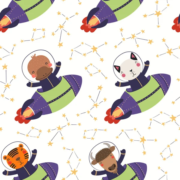Hand drawn seamless vector pattern with cute animal astronauts and stars in space on white background. Scandinavian style flat design. Concept for children textile print 
