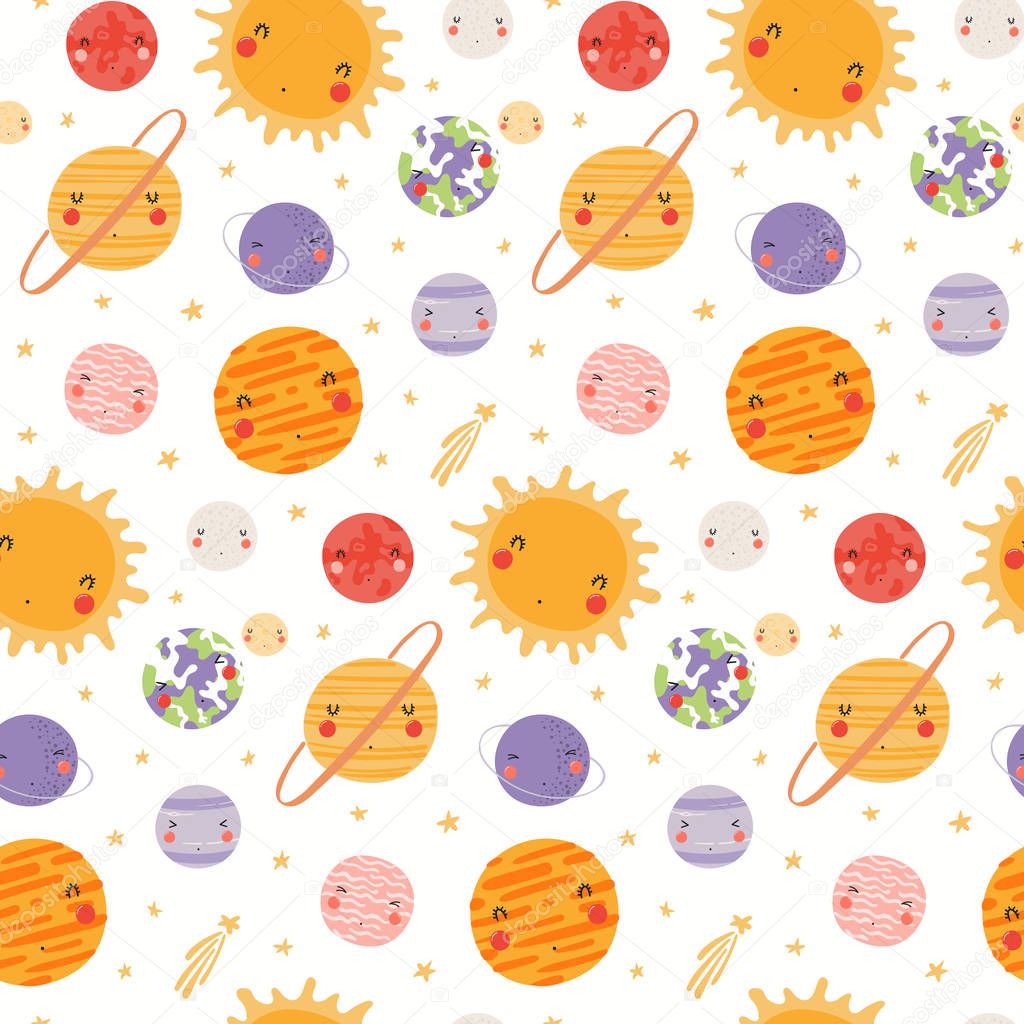 Hand drawn seamless vector pattern with cute Solar system planets and stars in space on white background. Scandinavian style flat design. Concept for children textile print 
