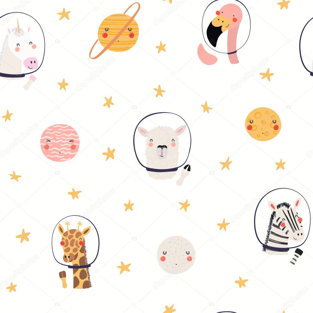 Hand drawn seamless vector pattern with cute animal astronauts and stars in space on white background. Scandinavian style flat design. Concept for children textile print 