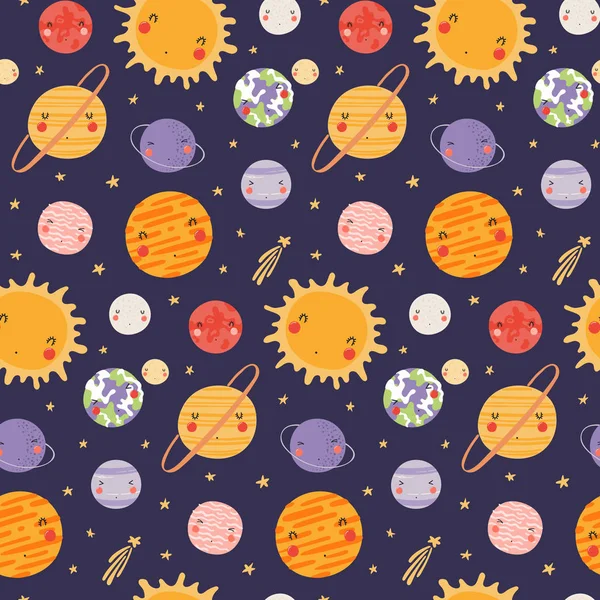 Hand drawn seamless vector pattern with cute Solar system planets and stars in space on dark background. Scandinavian style flat design. Concept for children textile print 