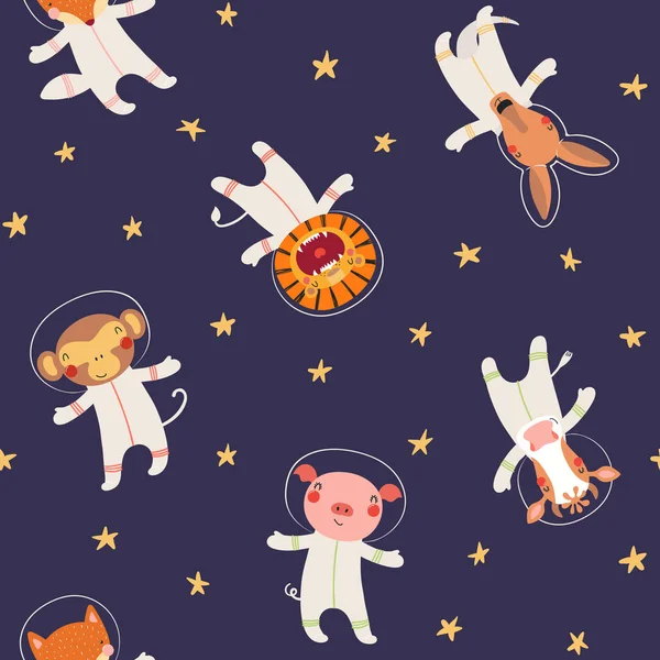 暗い背景に宇宙でかわいい動物の宇宙飛行士や星と手描きシームレスなベクトルパターン スカンジナビアスタイルのフラットデザイン 子供用テキスタイルプリントのコンセプト — ストックベクタ