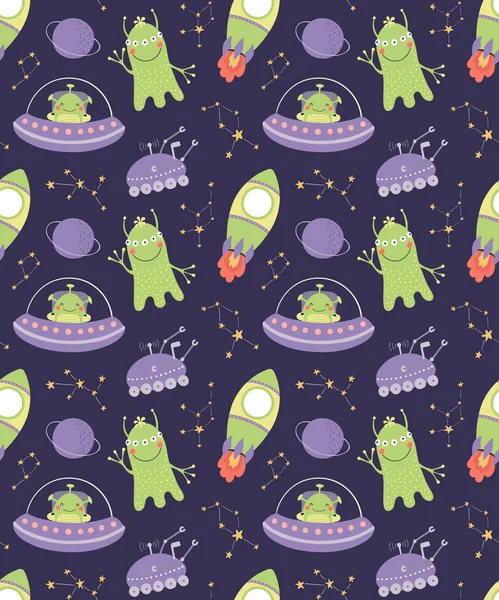 Hand drawn seamless vector pattern with cute aliens and spaceships with constellations on dark background. Scandinavian style flat design. Concept for children textile print 