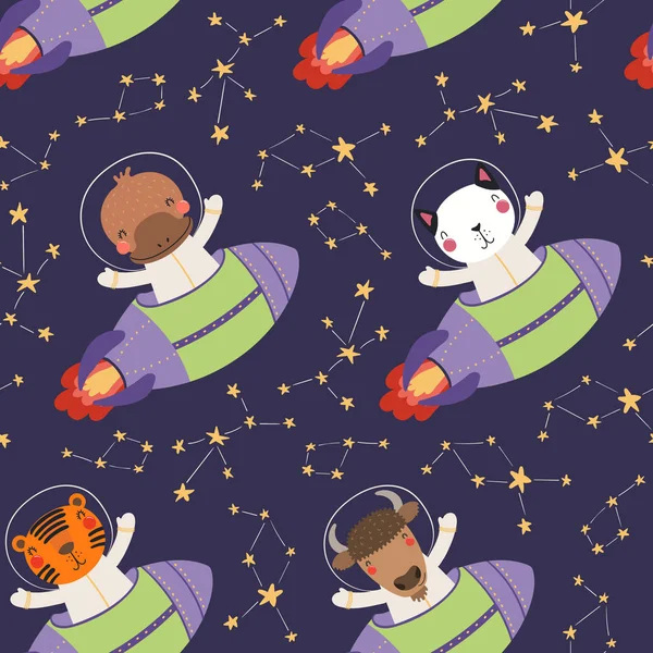Hand drawn seamless vector pattern with cute animal astronauts and stars in space on dark background. Scandinavian style flat design. Concept for children textile print 