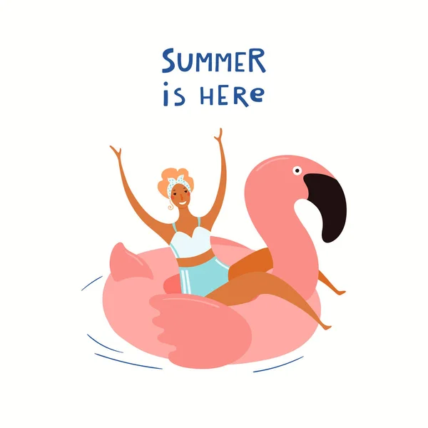 Hand Getekende Vector Illustratie Van Gelukkige Vrouw Flamingo Float Met — Stockvector