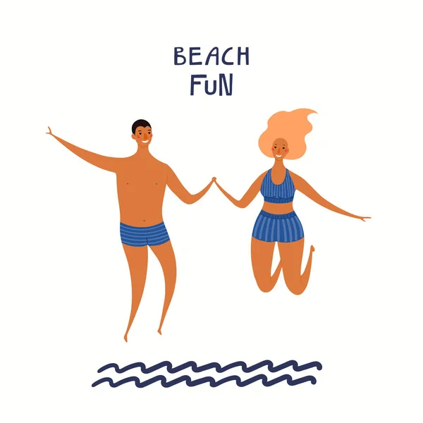 Ručně Kreslené Vektorové Ilustrace Šťastného Páru Skákání Vodě Písmem Pláži — Stockový vektor