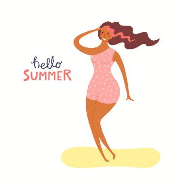 Beyaz arka plan, yaz afişi üzerinde Hello Summer İzole alıntı ile sahilde dans mutlu bir kadın el çizilmiş vektör illüstrasyon 