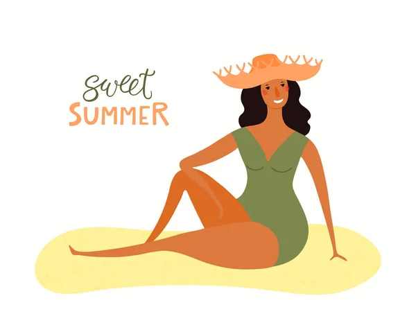 Ručně Kreslené Vektorové Ilustrace Šťastné Ženy Slunění Pláži Písmem Létě — Stockový vektor