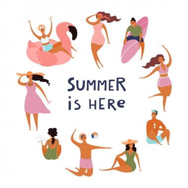 Yuvarlak çerçeve teklif Yaz ile mayo mutlu insanlardan yapılmış burada beyaz arka plan üzerinde izole olduğunu. Elle çizilmiş vektör illüstrasyonu.