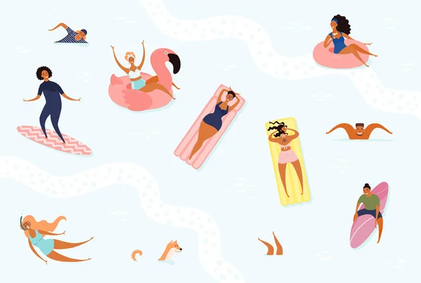 Ręcznie Rysowana Ilustracja Wektorowa Szczęśliwymi Młodymi Ludźmi Pływanie Morzu Izolowane — Wektor stockowy
