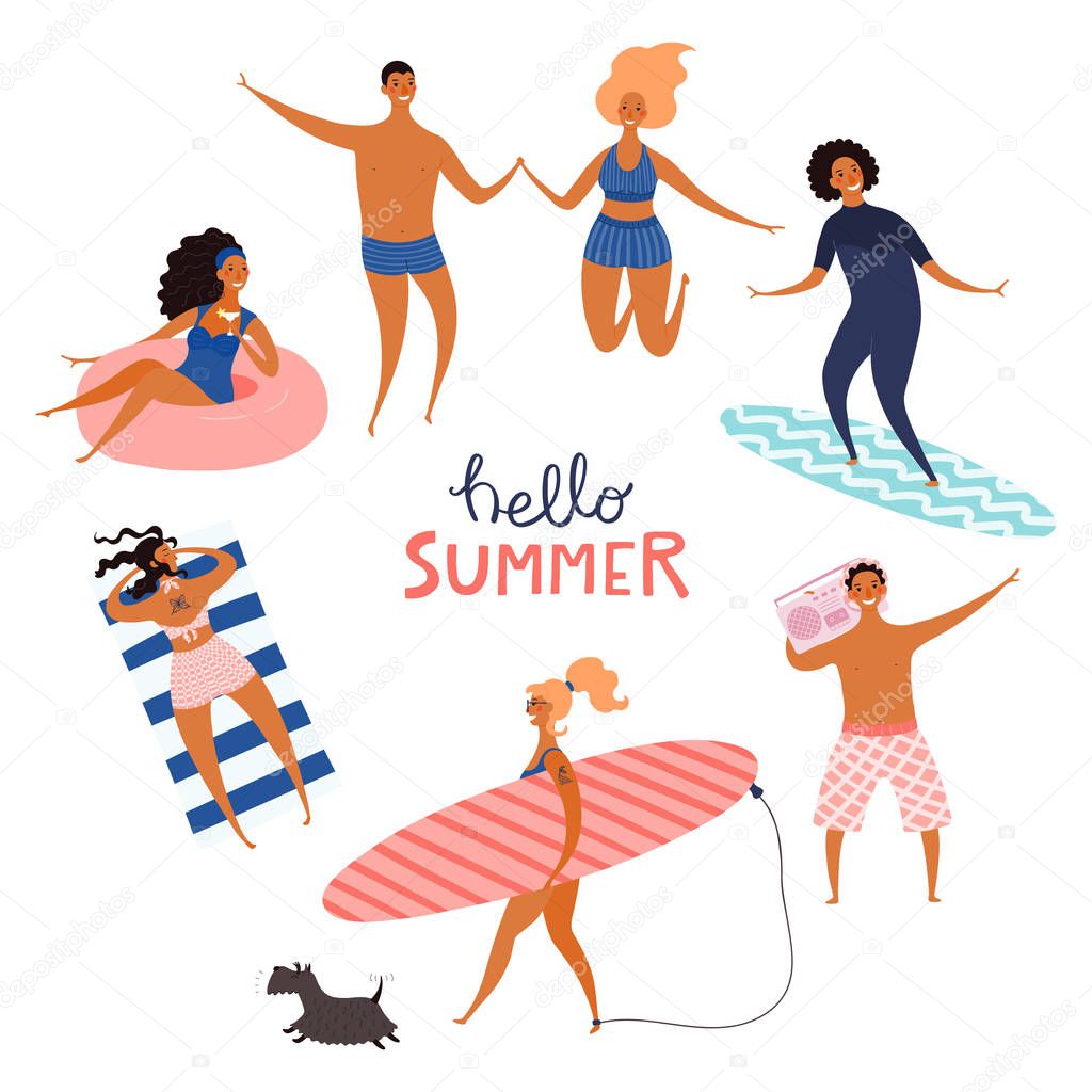 Round frame made of happy people in swimwear with quote Hello Summer Isolated on white background. Hand drawn vector illustration.