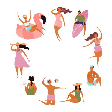 Beyaz arka plan üzerinde izole mayo mutlu insanlardan yapılmış yuvarlak çerçeve. Elle çizilmiş vektör illüstrasyonu.