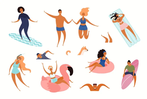 Grand Ensemble Jeunes Gens Heureux Sur Plage Natation Surf Illustration — Image vectorielle