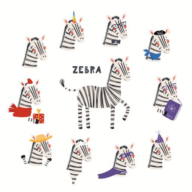 Korsan, süper kahraman, tek boynuzlu at, Noel, hayalet, okuma kostüm sevimli zebralar ayarlayın. Beyaz arka planda izole edilmiştir. El çizimi vektörü. İskandinav tarzı düz tasarım. Konsept çocuk baskısı.