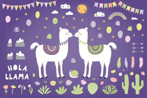 Set Van Schattige Lama Met Planten Bunting Met Ballonnen Violette — Stockvector