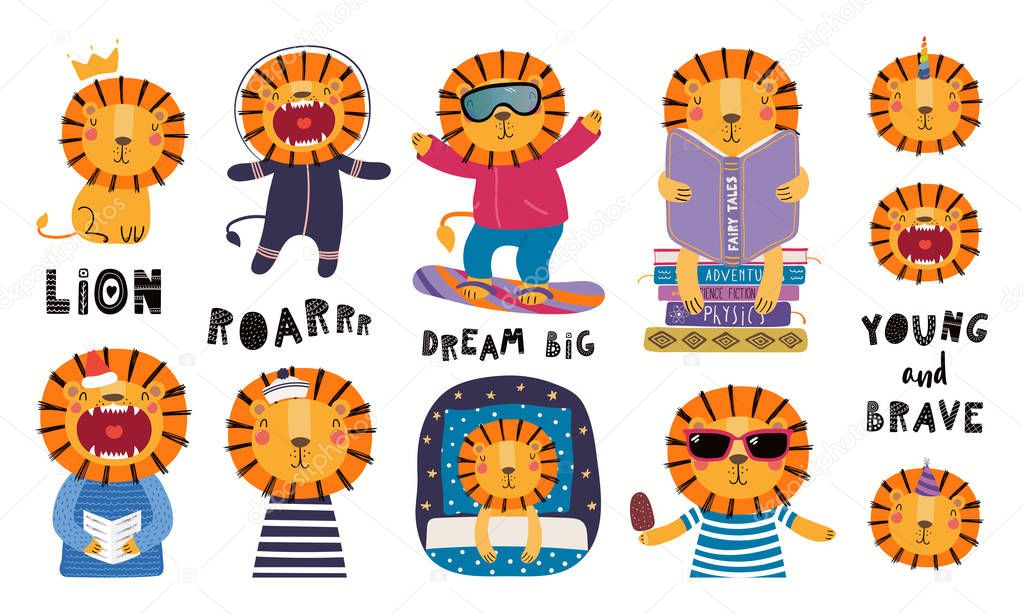 Set of cute lions in costume of astronaut, king, sailor, unicorn, reading, sleeping. Isolated on white background. Hand drawn vector. Scandinavian style flat design. Concept for children print