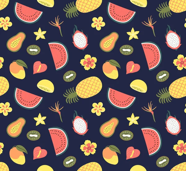 Hand Drawn Seamless Pattern Bright Tropical Fruits Dark Blue Background — Stock Vector