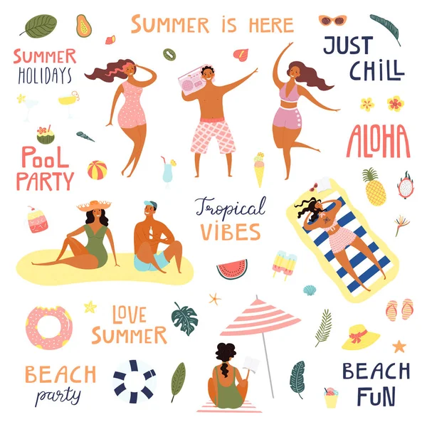 食べ物と引用符や飲み物とビーチで幸せな人々のセット 手描きベクトルイラスト フラットなスタイルのデザイン 夏時間の概念 — ストックベクタ