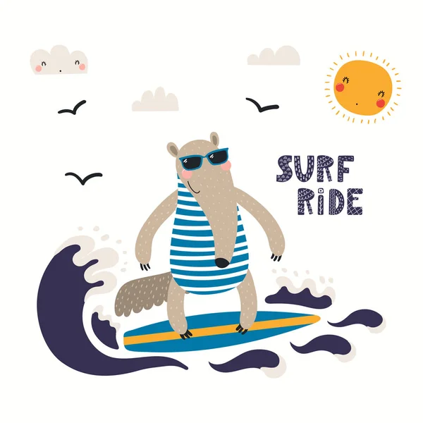夏のサーフィンでかわいいアンテアターの手描きベクトルイラスト 白い背景に隔離されたレタリング引用サーフライド スカンジナビアスタイルのフラットデザイン 夏の子供のプリントのためのコンセプト — ストックベクタ